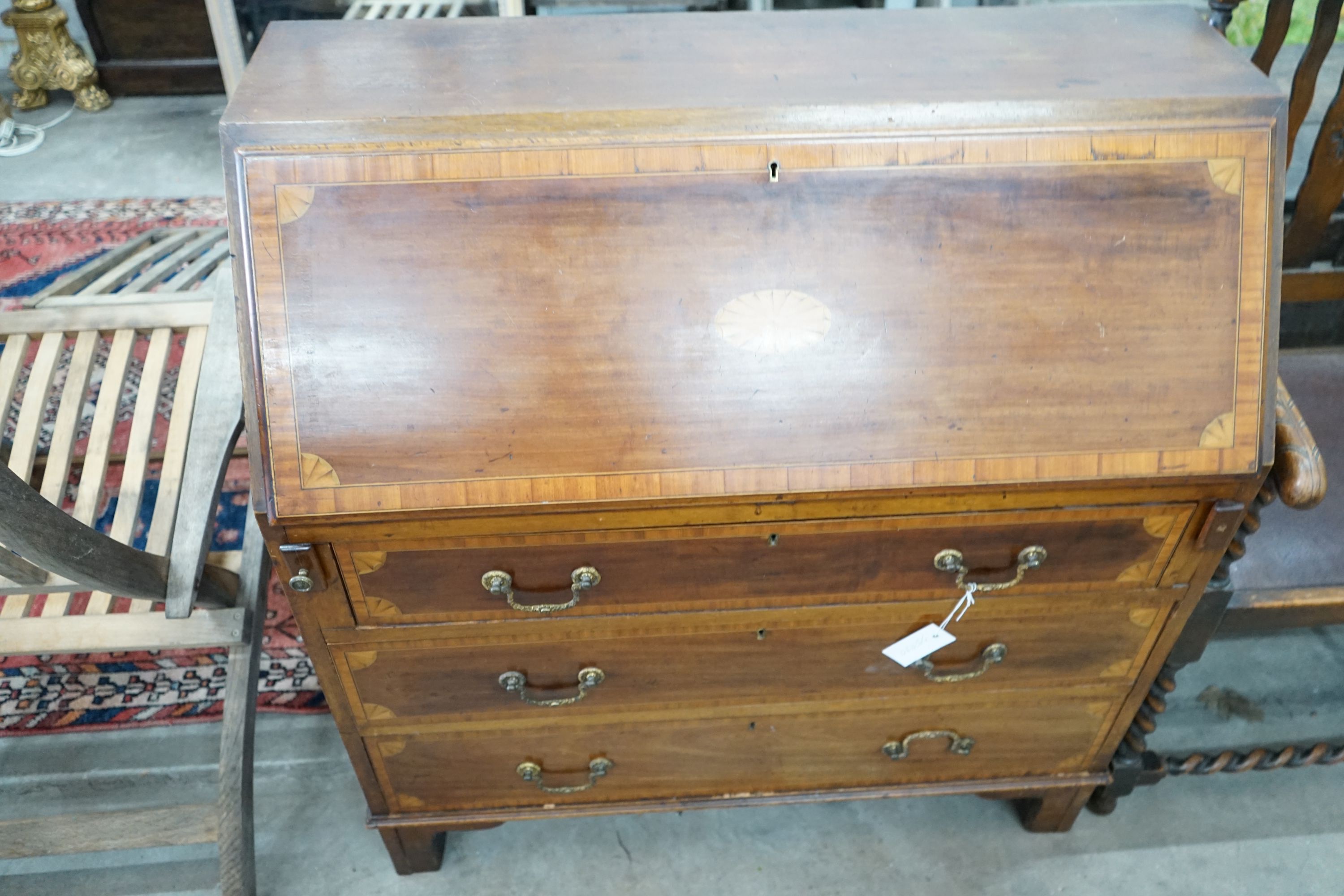 An Edwardian satinwood banded mahogany bureau, width 91cm, depth 41cm, height 99cm